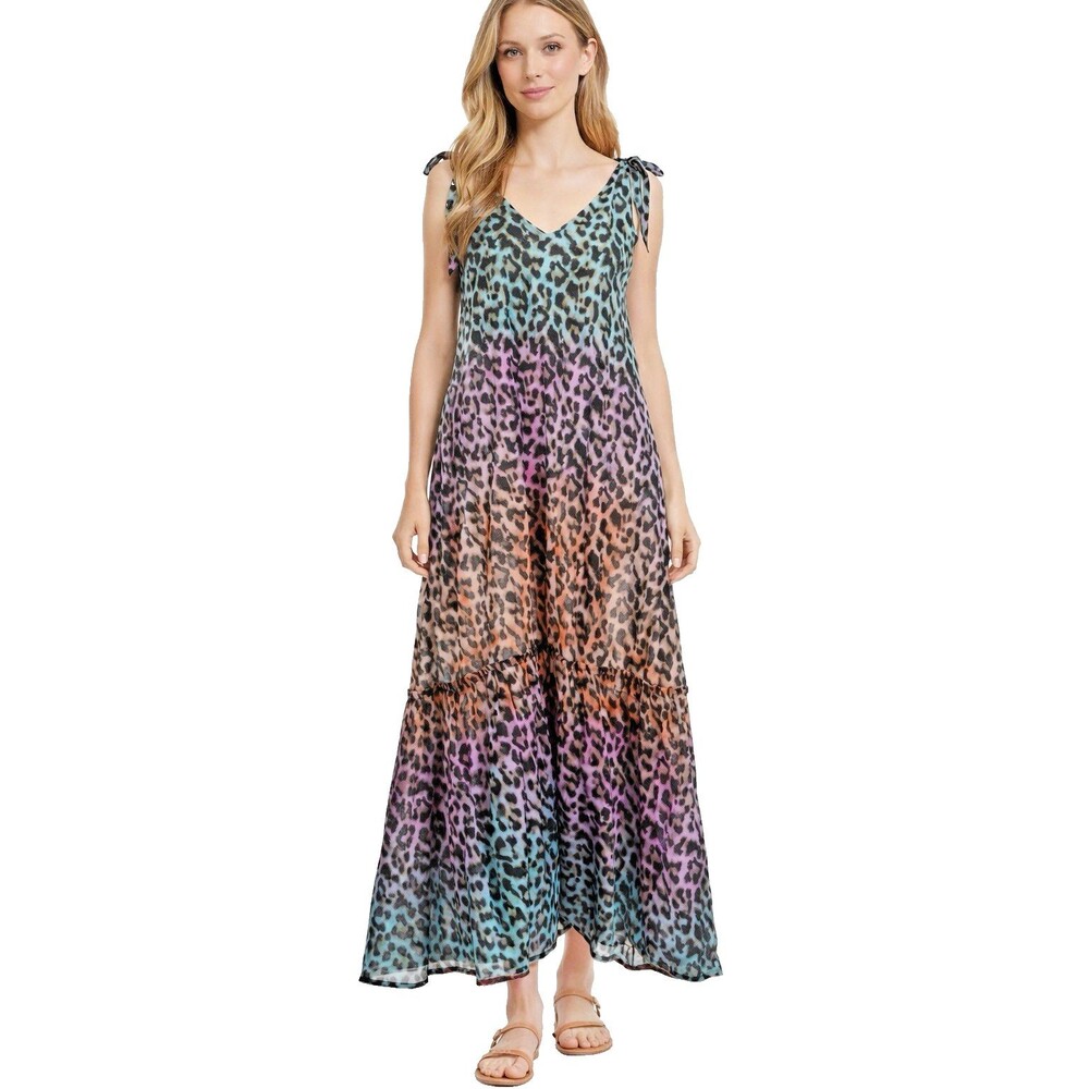 Juliet Dunn Leopard Print Maxi Dress One Size Multicolor Boho Resort Coverup - Picture 12 of 12